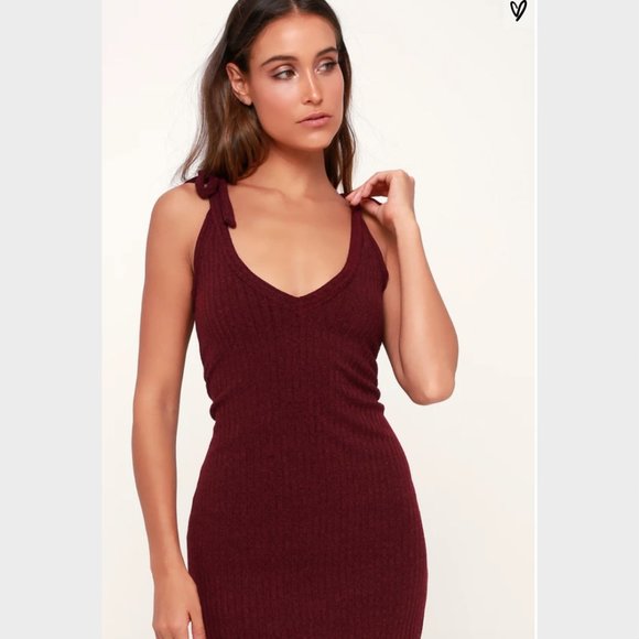 Rosaleen Burgundy Tie-Strap Ribbed Knit Midi Dress - Picture 4 of 8